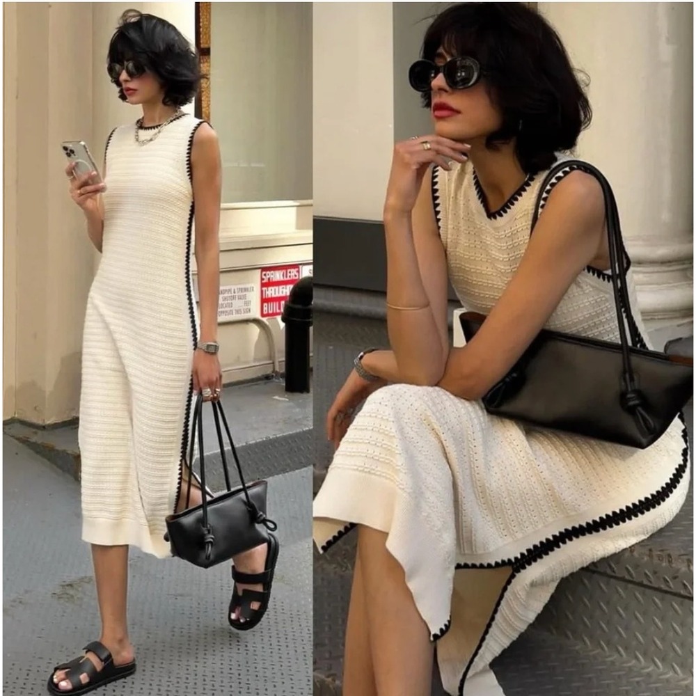 Varley Dwight Tank Knit Dress Cream Black Scallop Trim Cotton Midi XS VAR02043